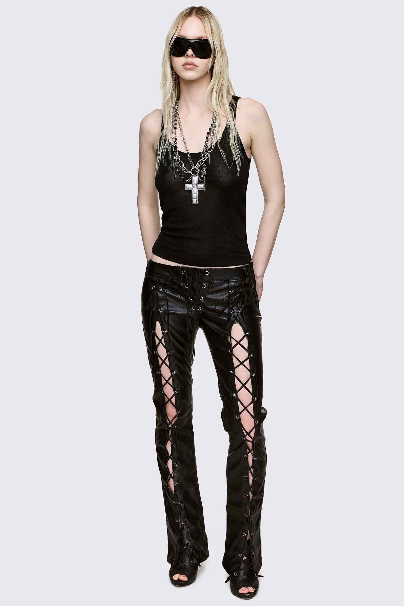 Deb Lace-Up Faux Leather Flared Pants - Image 2