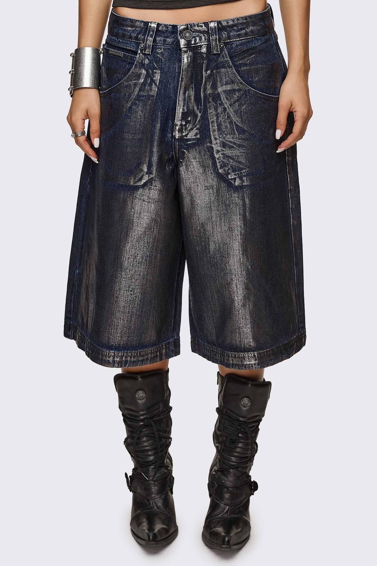 Metallic Coated Blue Denim Jorts