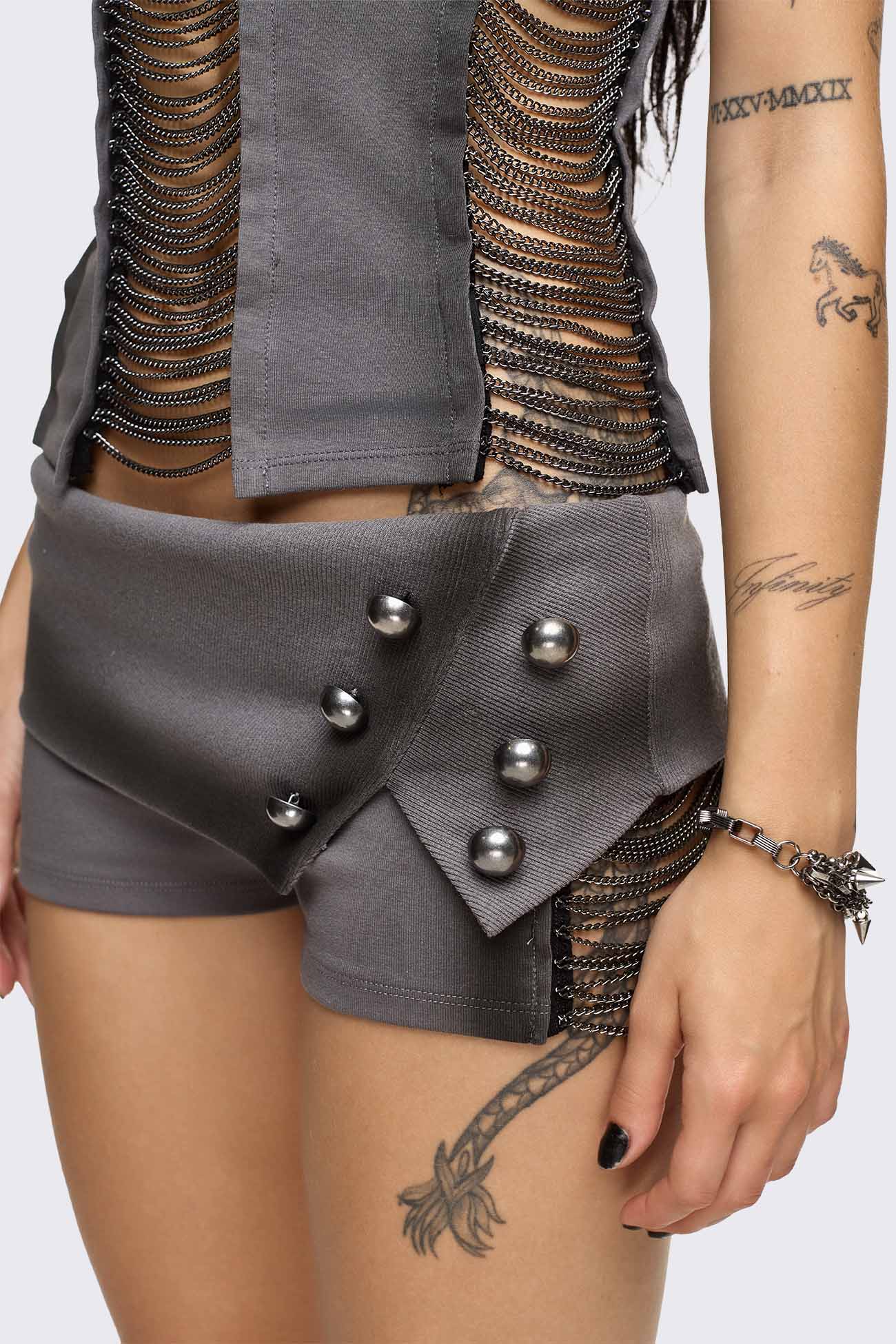 Wired Dark Grey Chain Mini Shorts - Image 3